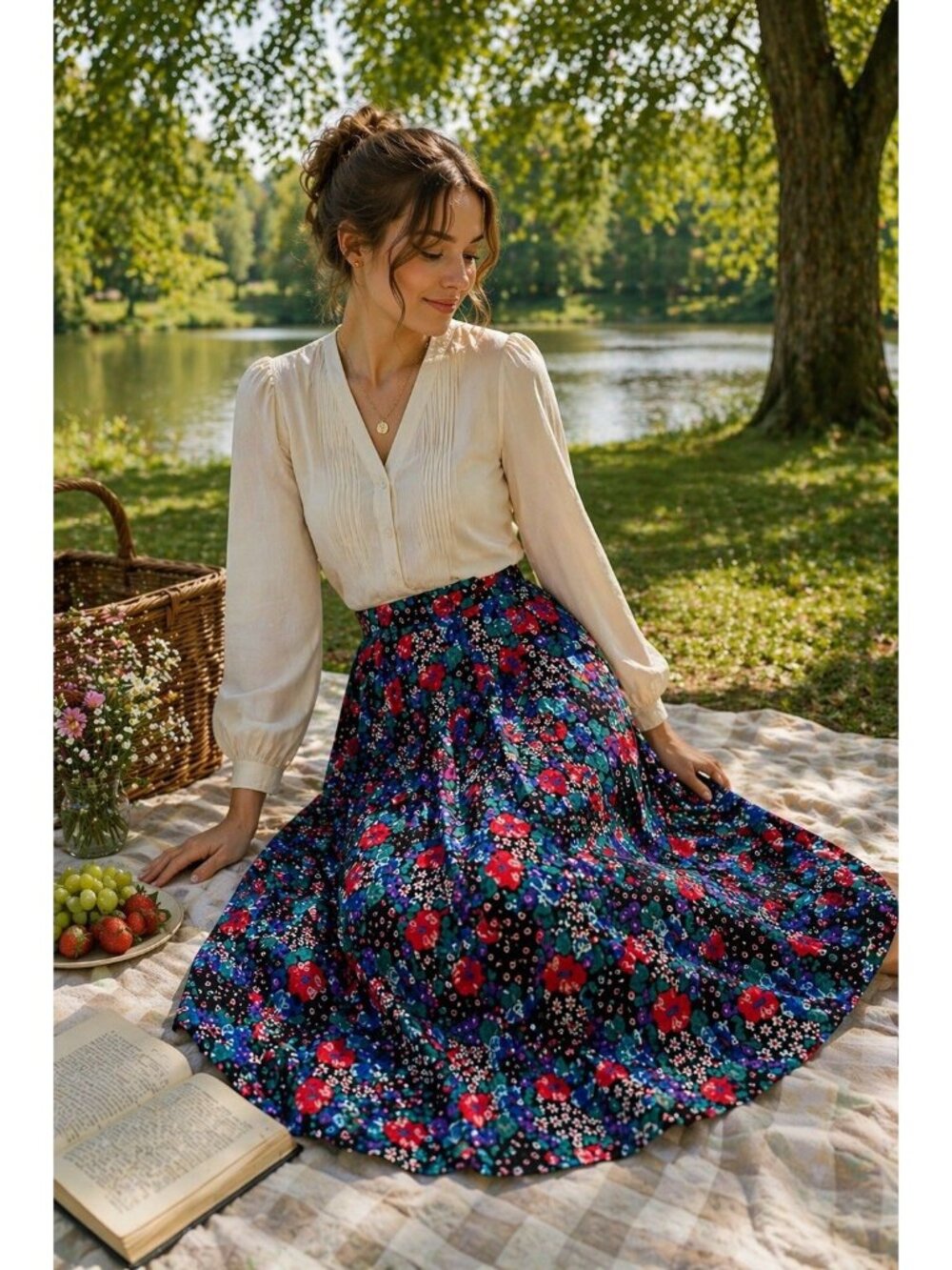 Vintage 90s Colorful Floral Pleated Midi Skirt USA High Waist Retro